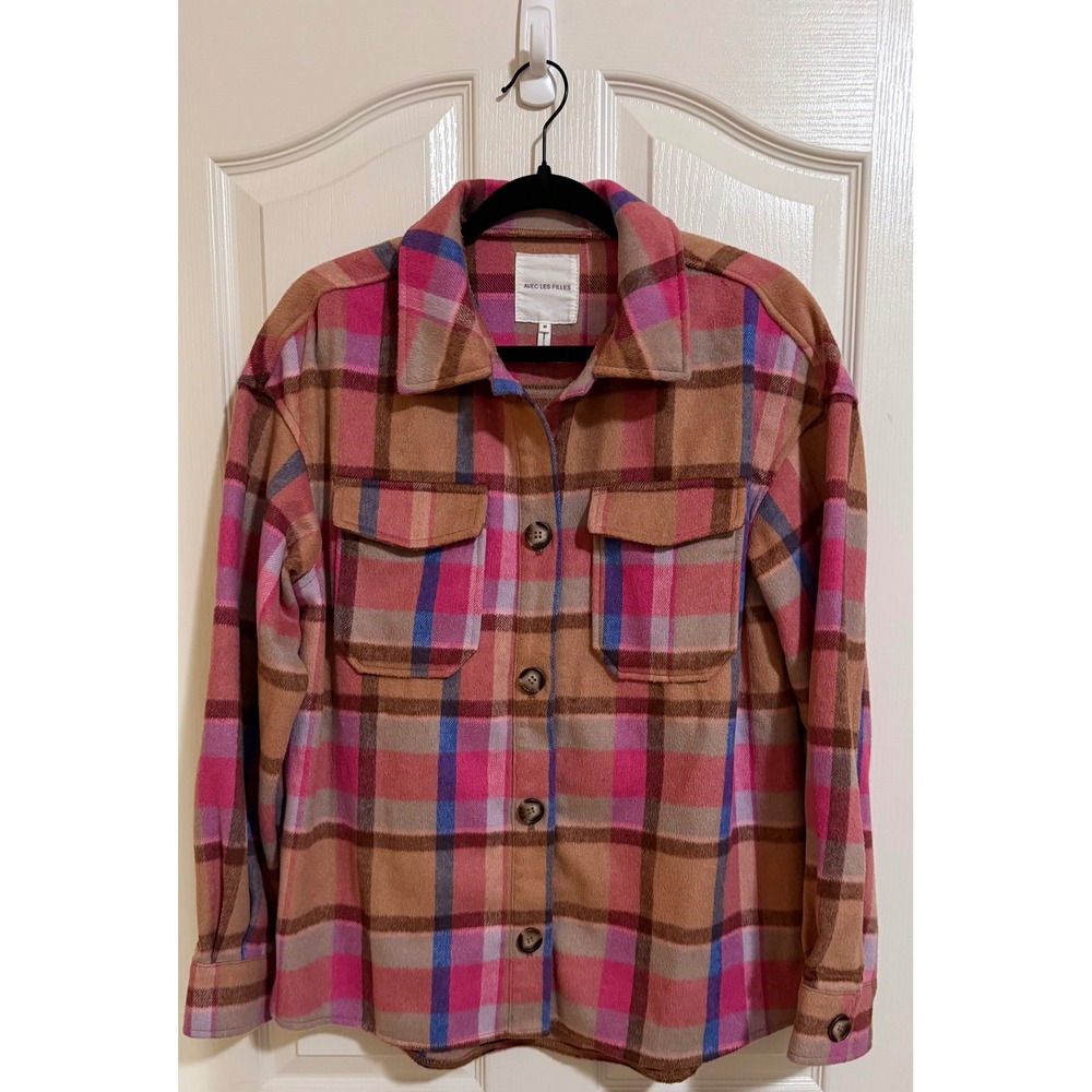 AVEC LES FILLES Plaid Shacket Relaxed Fit Pink Brown Cozy Women's Medium.
